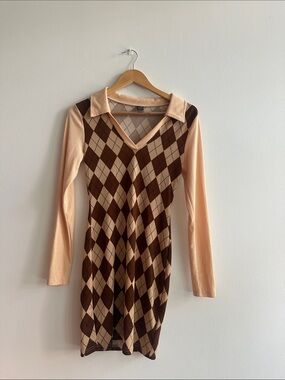 SHEIN Beige and Brown Argyle V-Neck Collared Knit Dress